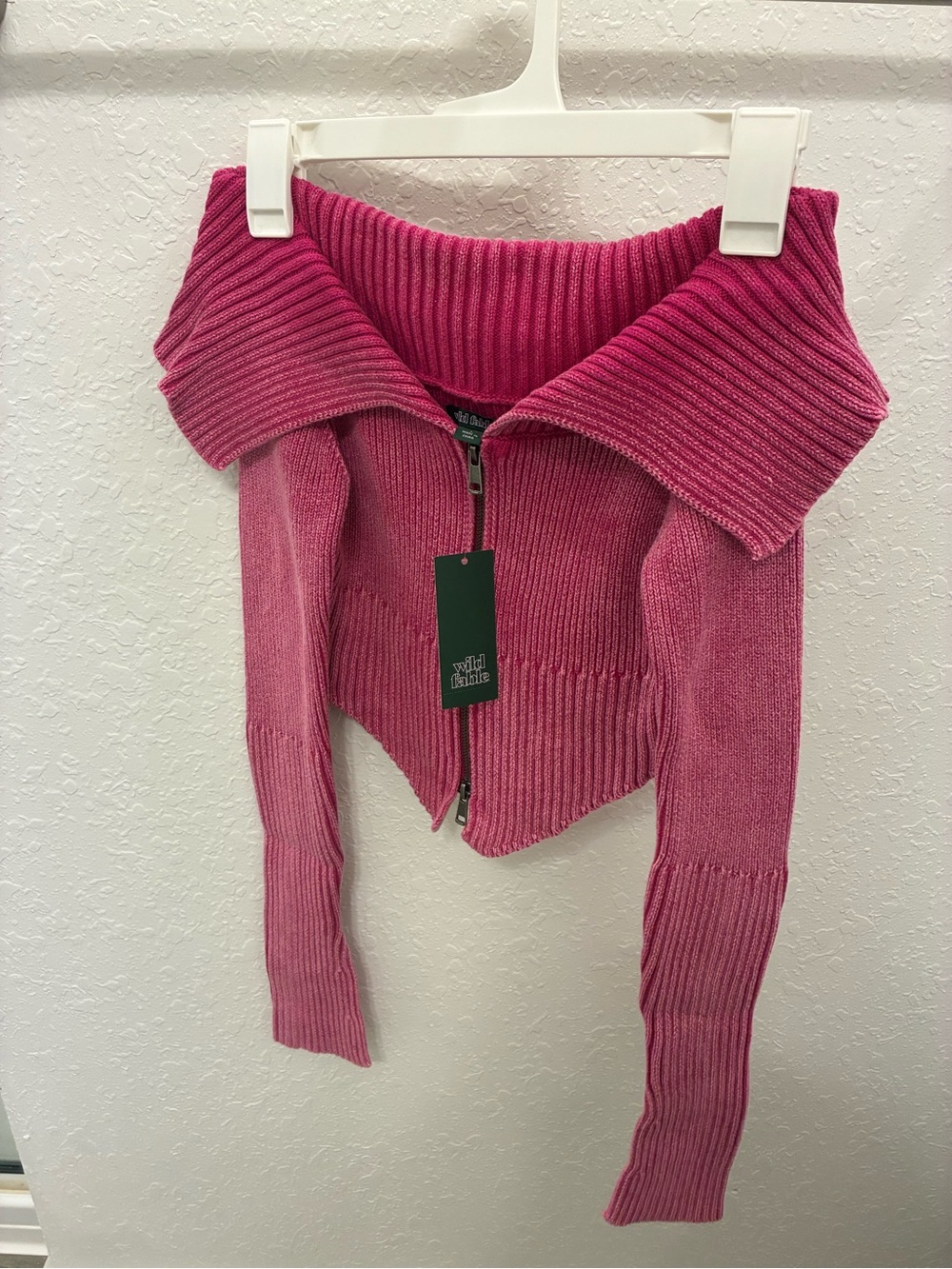 Wild Fable Pink Ribbed Zip-Front Off-Shoulder Sweater